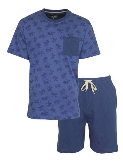 Blauwe heren shortama met tijgerprint op shirt, korte mouwen, borstzakje en effen korte broek met trekkoord