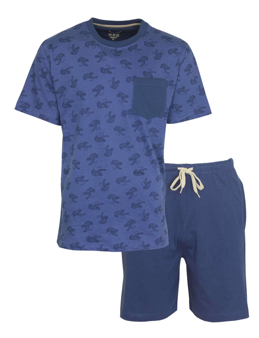 Blauwe heren shortama met tijgerprint op shirt, korte mouwen, borstzakje en effen korte broek met trekkoord