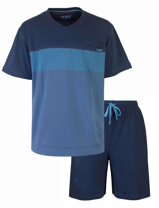 Donkerblauwe heren shortama set met V-hals T-shirt en gestreept patroon, inclusief bijpassende korte broek