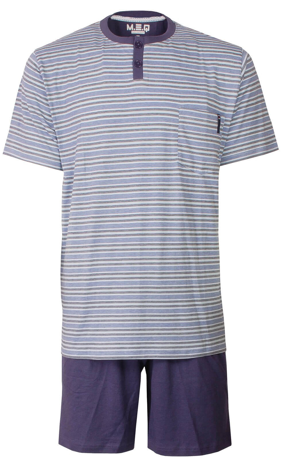 Gestreepte blauwe heren shortama set met korte mouwen en broek. Shirt heeft knoopsluiting en borstzakje.