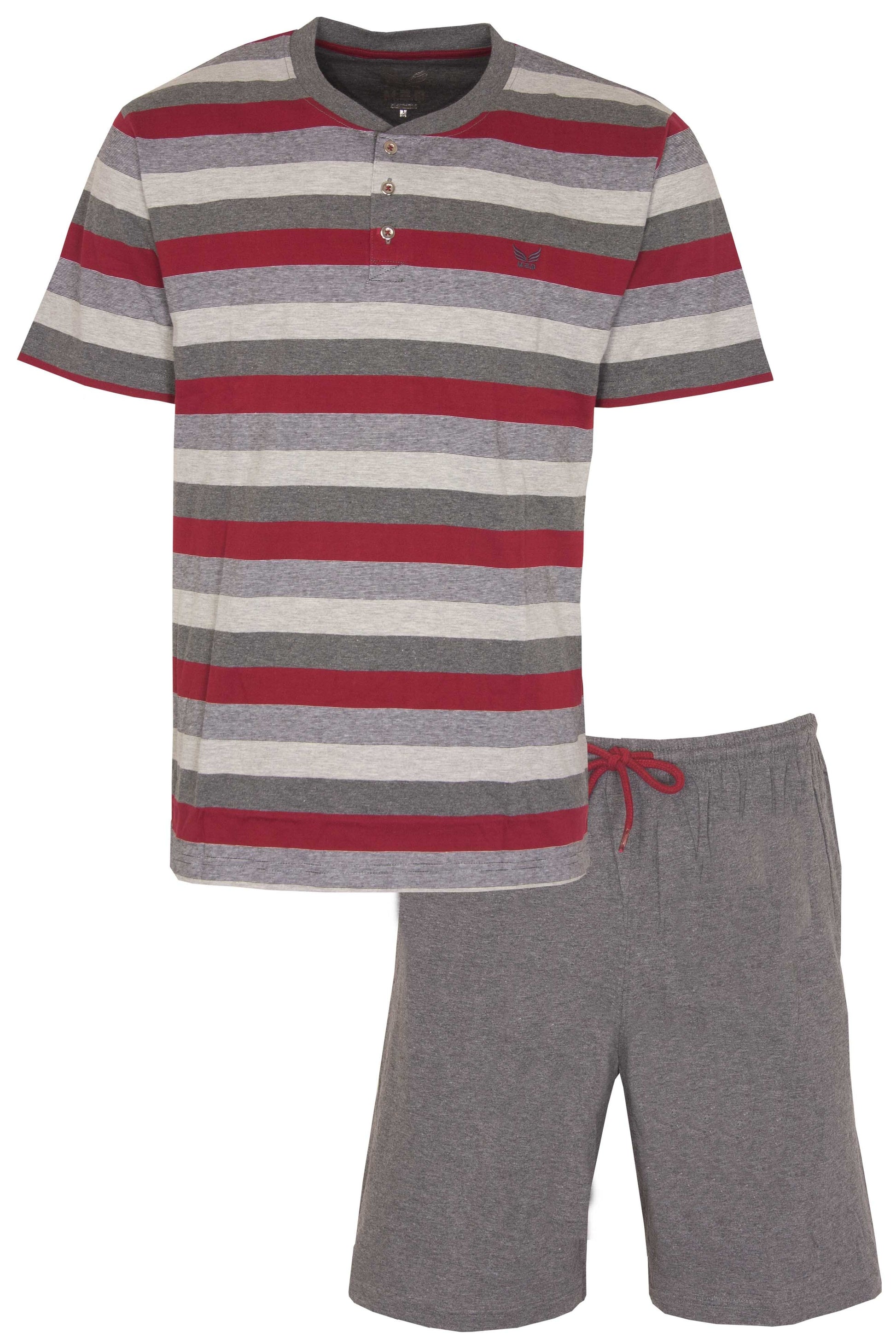 Gestreepte grijze heren shortama set met rood accent. T-shirt met korte mouwen en ronde-sluiting, bijpassende grijze shorts.