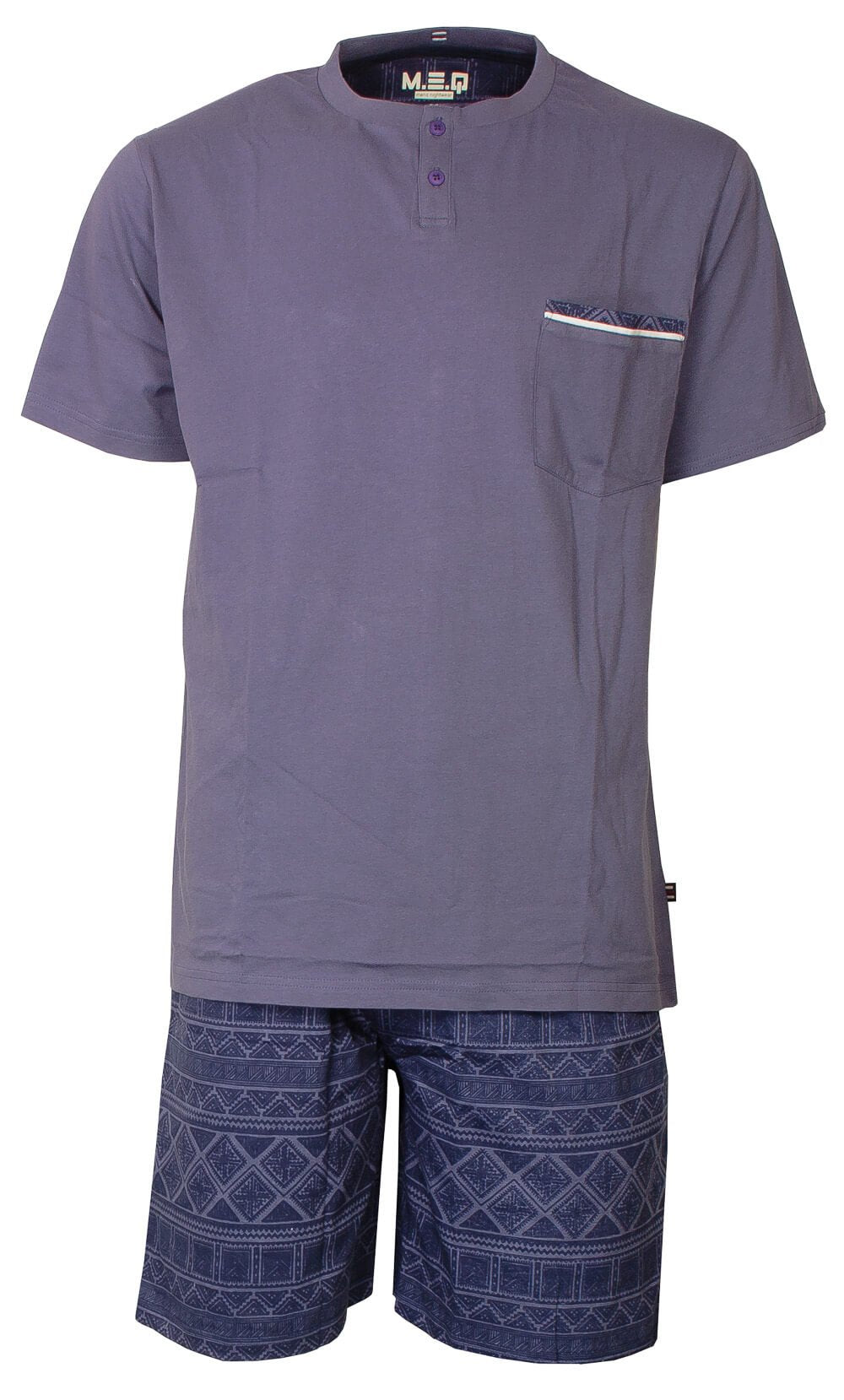 Blauwe heren shortama set met effen shirt en geprinte korte broek. Shirt heeft polo sluiting en borstzakje.