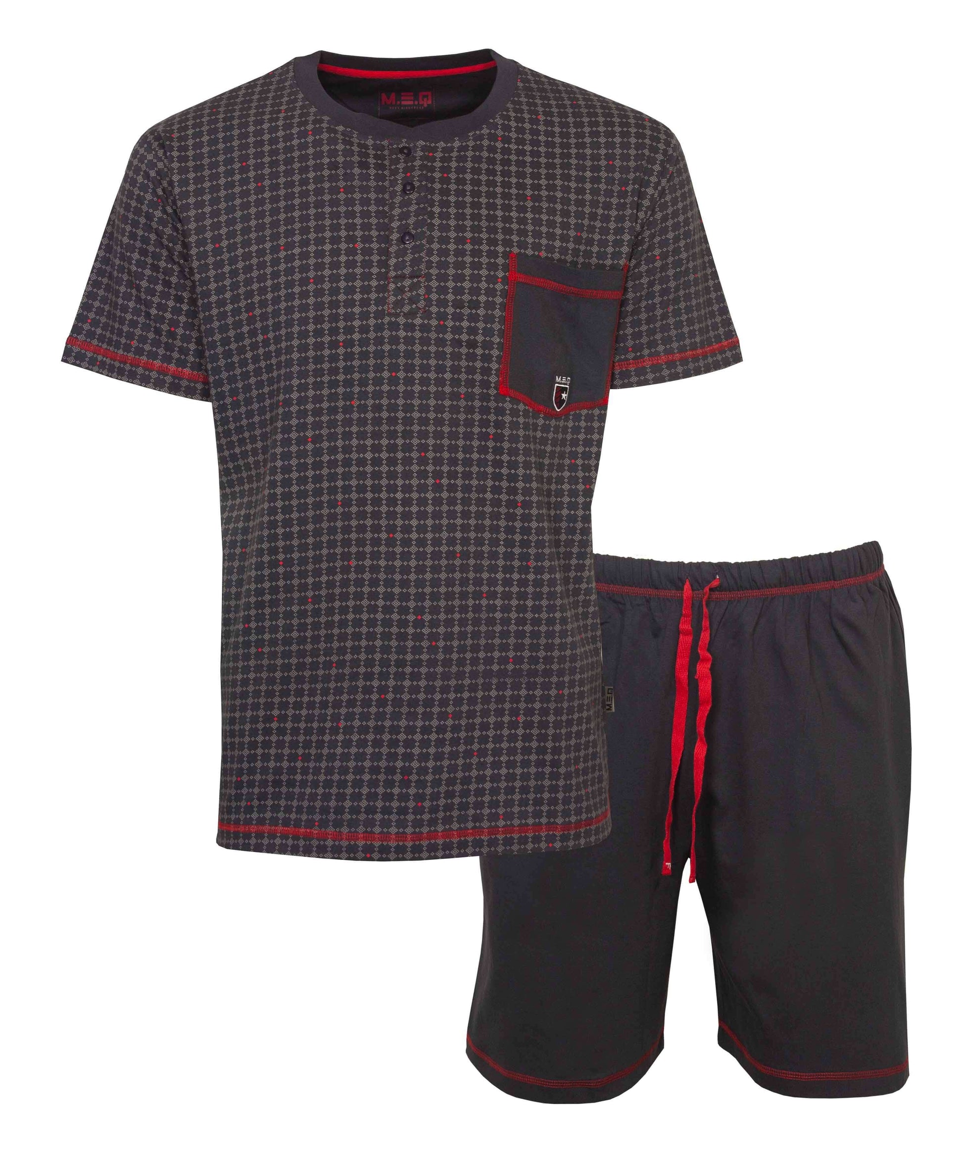 Grijze heren shortama set met geruit shirt, korte mouwen, borstzakje en bijpassende effen shorts met rode accenten