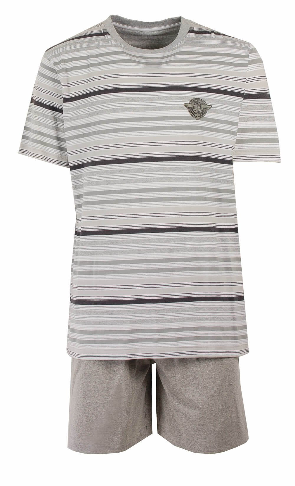 Grijze gestreepte heren shortama set met T-shirt en korte broek, gemaakt van 100% katoen met logo op de borst.