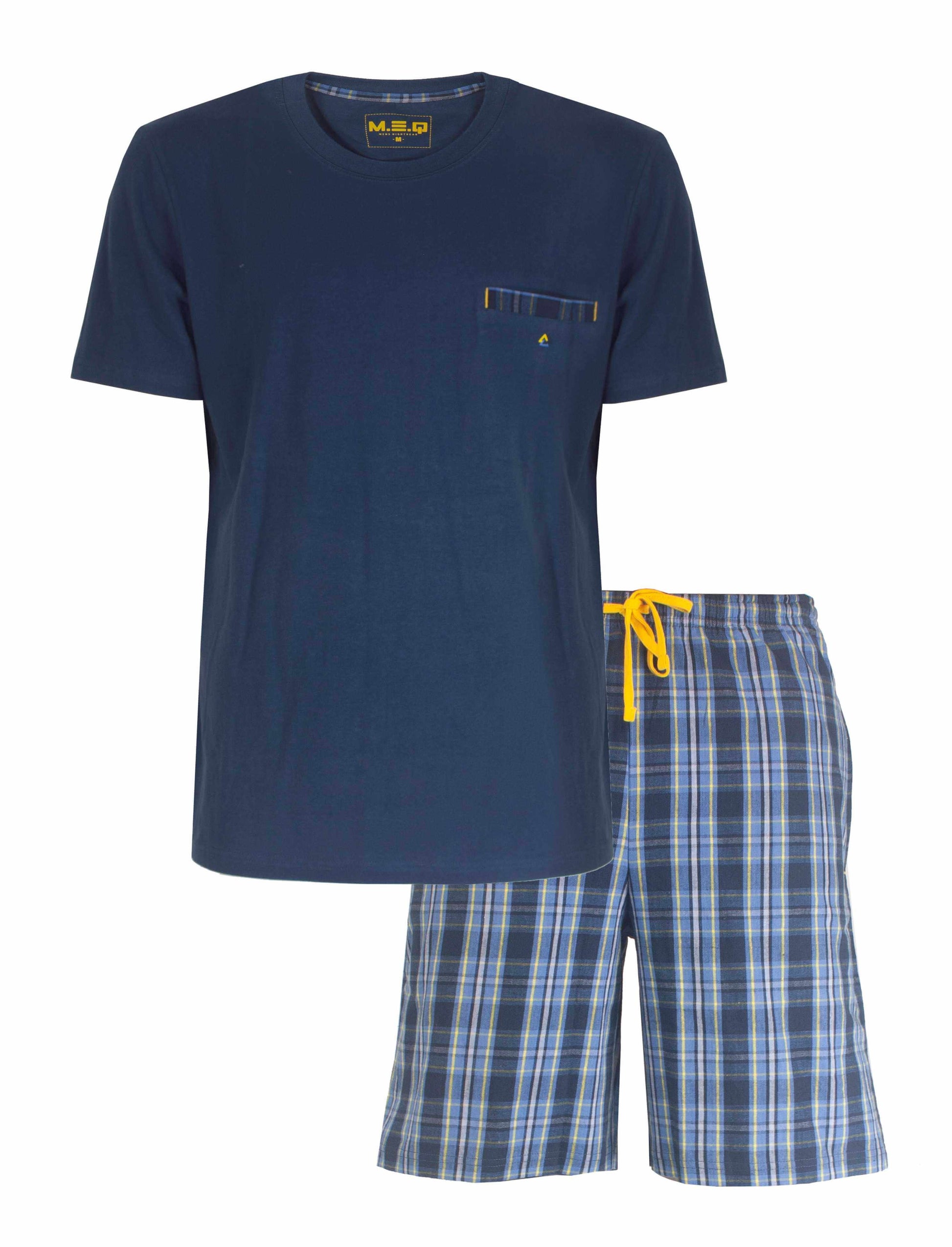 Donkerblauwe heren pyjama set met korte mouwen en geruite shorts, 100% katoen, gele details