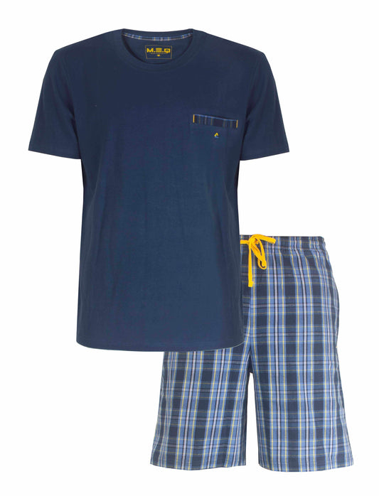 Donkerblauwe heren pyjama set met korte mouwen en geruite shorts, 100% katoen, gele details