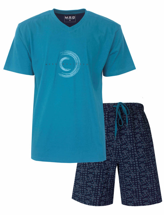 Aqua groene heren shortama set met V-hals T-shirt en donkerblauwe korte broek met patroon