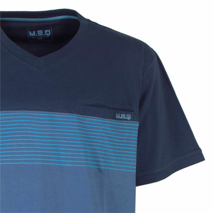 Donkerblauw T-shirt met V-hals, gestreept middendeel in lichtblauw, MEQ-logo op borstzakje