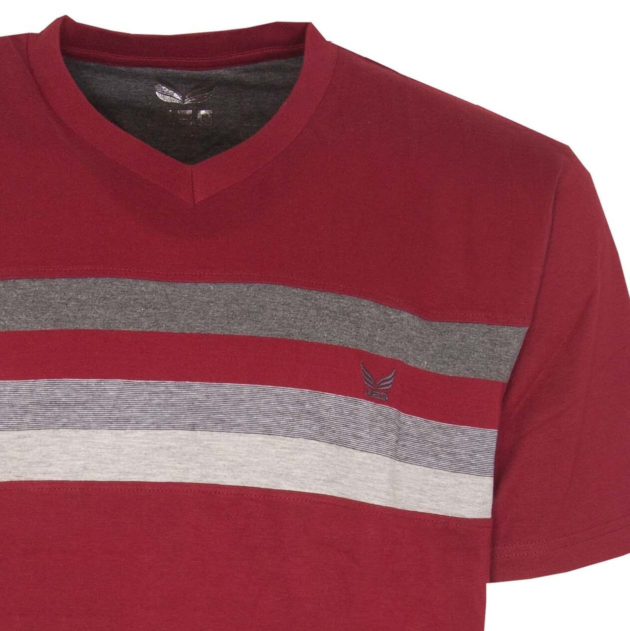 Rood T-shirt met V-hals en horizontale grijze en witte strepen,Q-logo op de borst.
