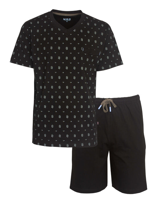 Zwarte heren pyjama set met gegeprint dessin op shirt en effen zwarte korte broek met trekkoord