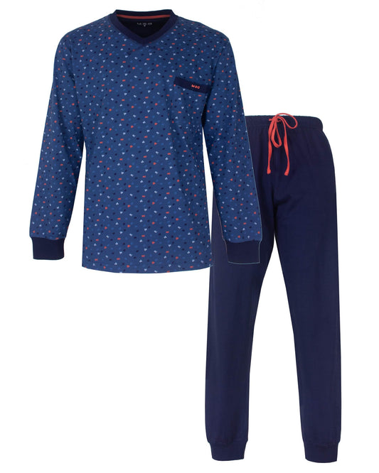 MEQ Heren Pyjama  - V-hals - Lange Mouwen - Blauw - vooraanzicht