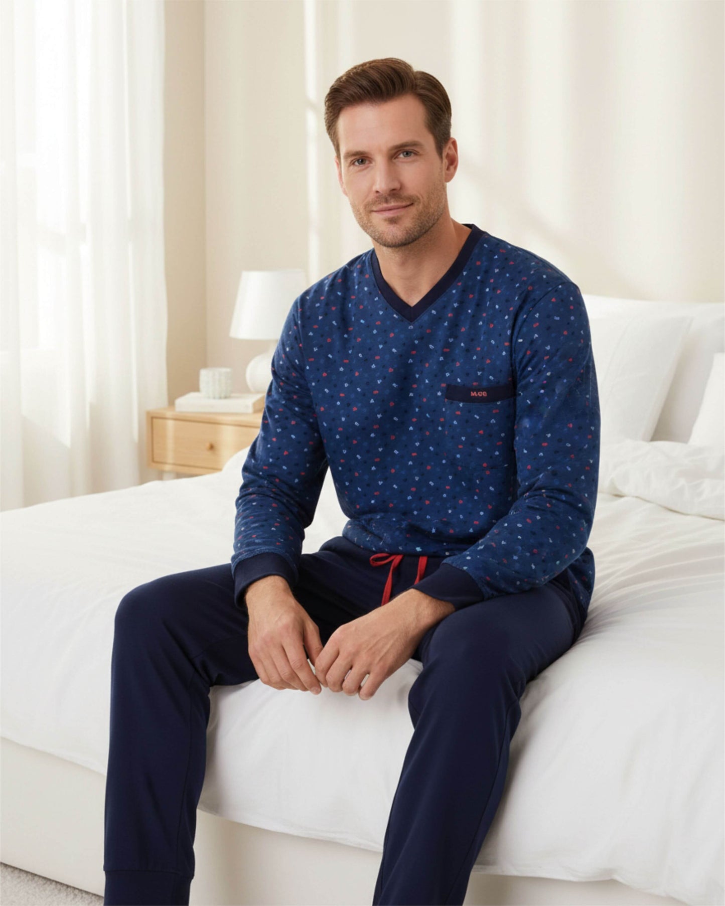 MEQ Heren Pyjama  - V-hals - Lange Mouwen - Blauw - achteraanzicht