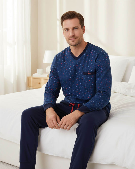 MEQ Heren Pyjama  - V-hals - Lange Mouwen - Blauw - achteraanzicht