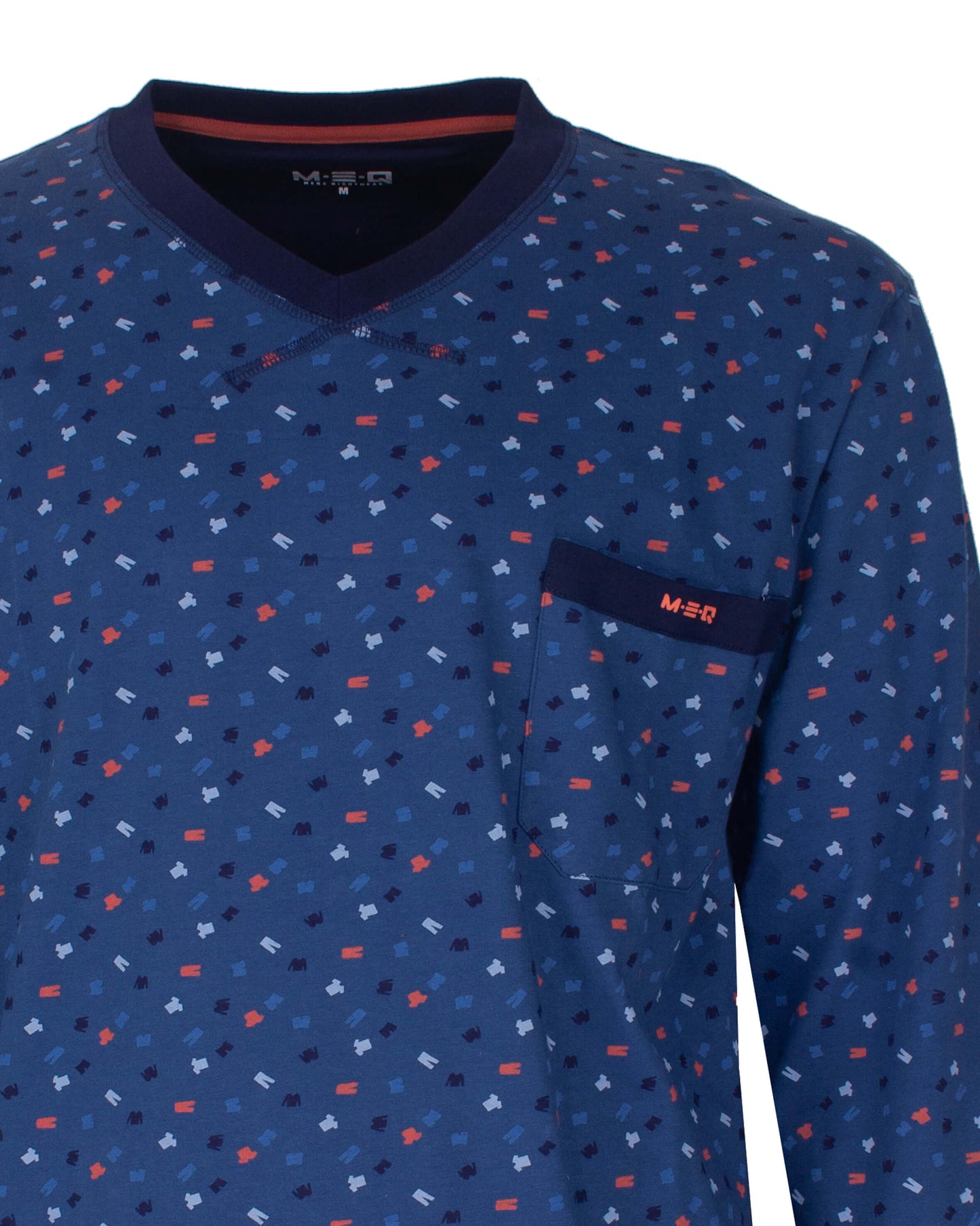 MEQ Heren Pyjama  - V-hals - Lange Mouwen - Blauw - detail