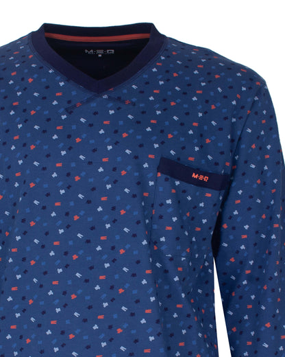MEQ Heren Pyjama  - V-hals - Lange Mouwen - Blauw - detail