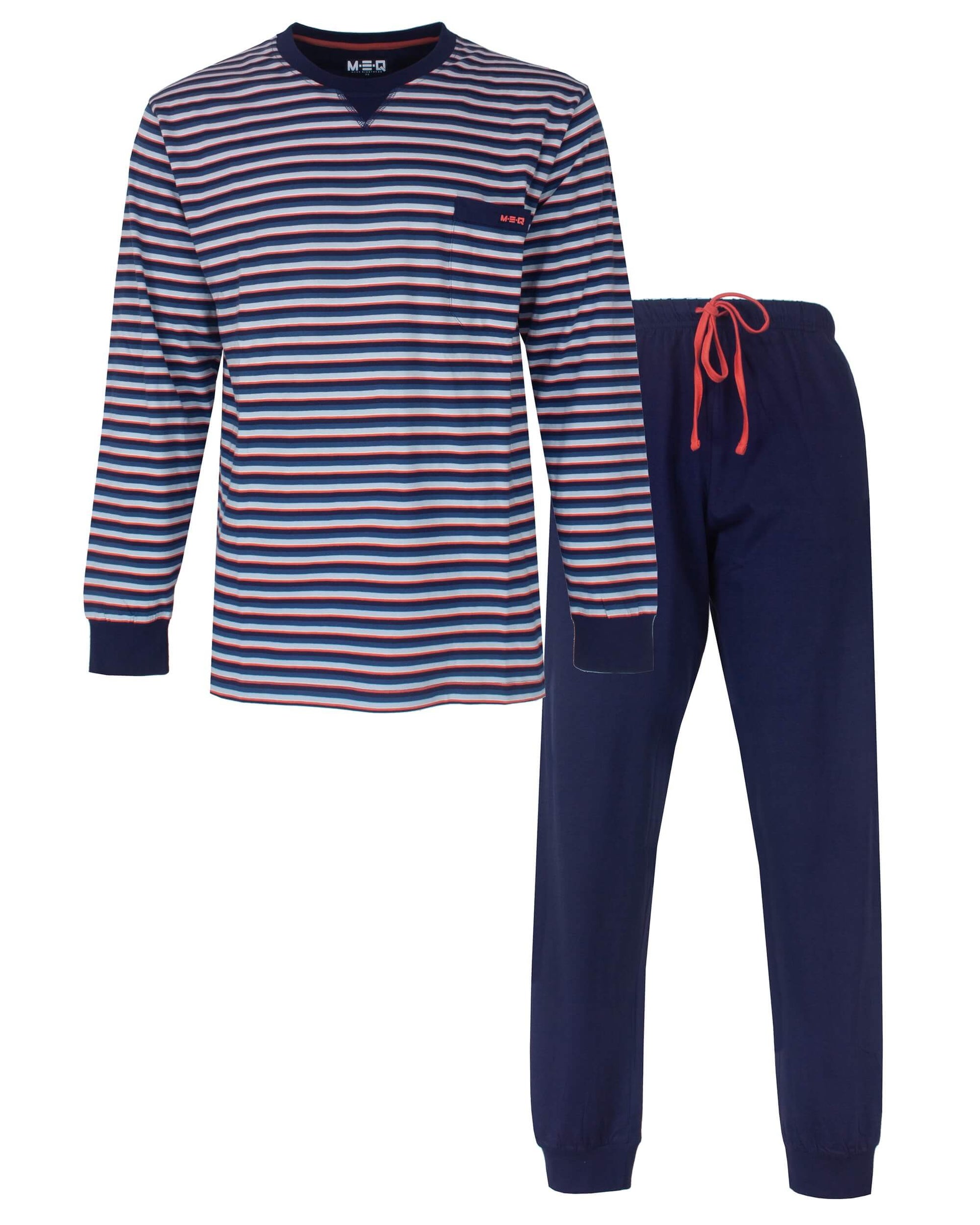 MEQ Heren Pyjama - Gestreept - Ronde Hals - Lange Mouwen -  Blauw - vooraanzicht