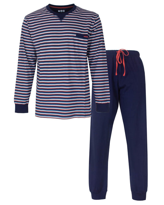MEQ Heren Pyjama - Gestreept - Ronde Hals - Lange Mouwen -  Blauw - vooraanzicht