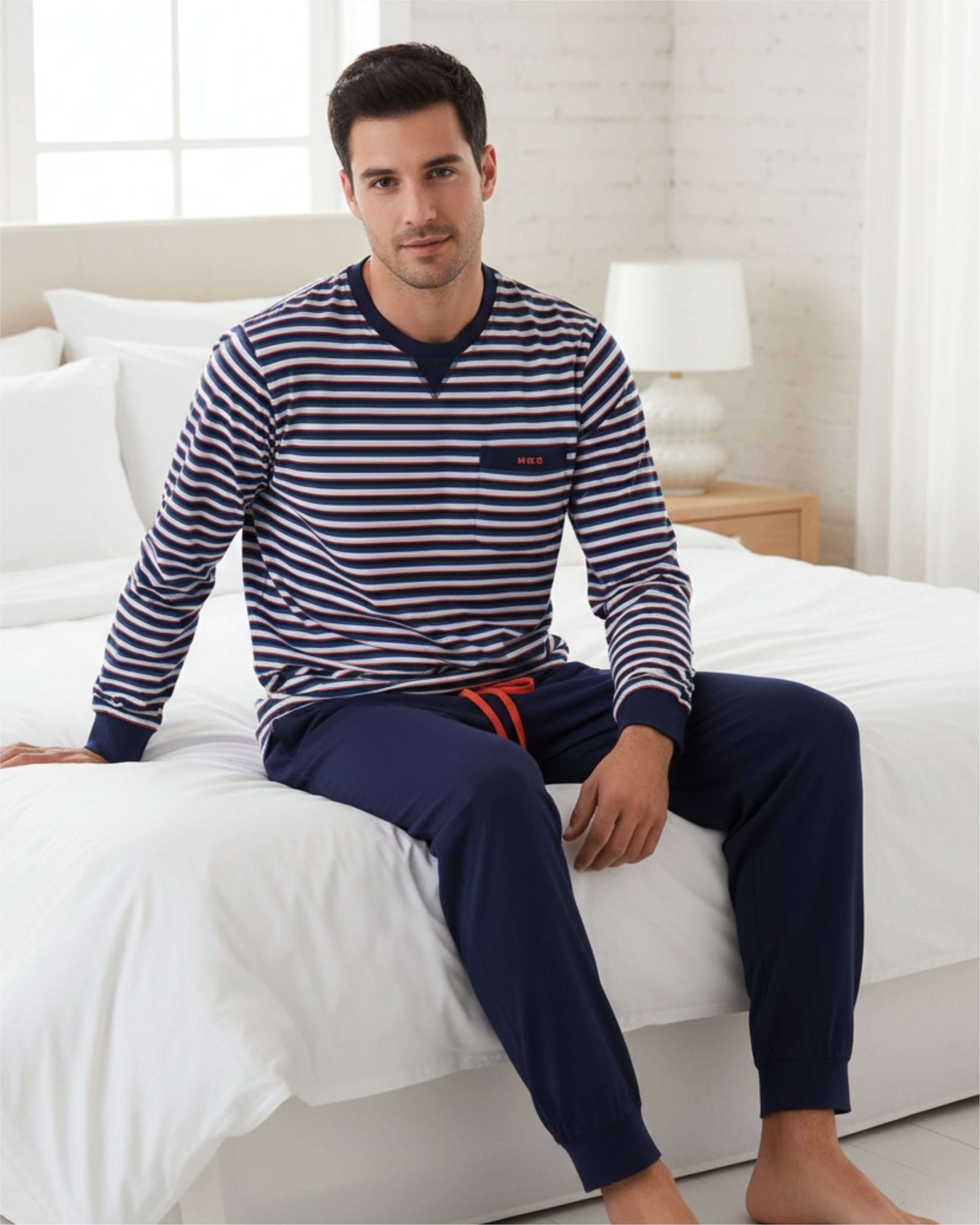 MEQ Heren Pyjama - Gestreept - Ronde Hals - Lange Mouwen -  Blauw - achteraanzicht