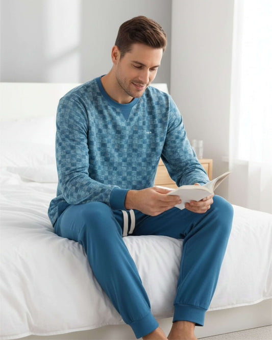  MEQ Heren Pyjama -  Ronde Hals - Lange Mouwen -  Aqua Blauw - achteraanzicht