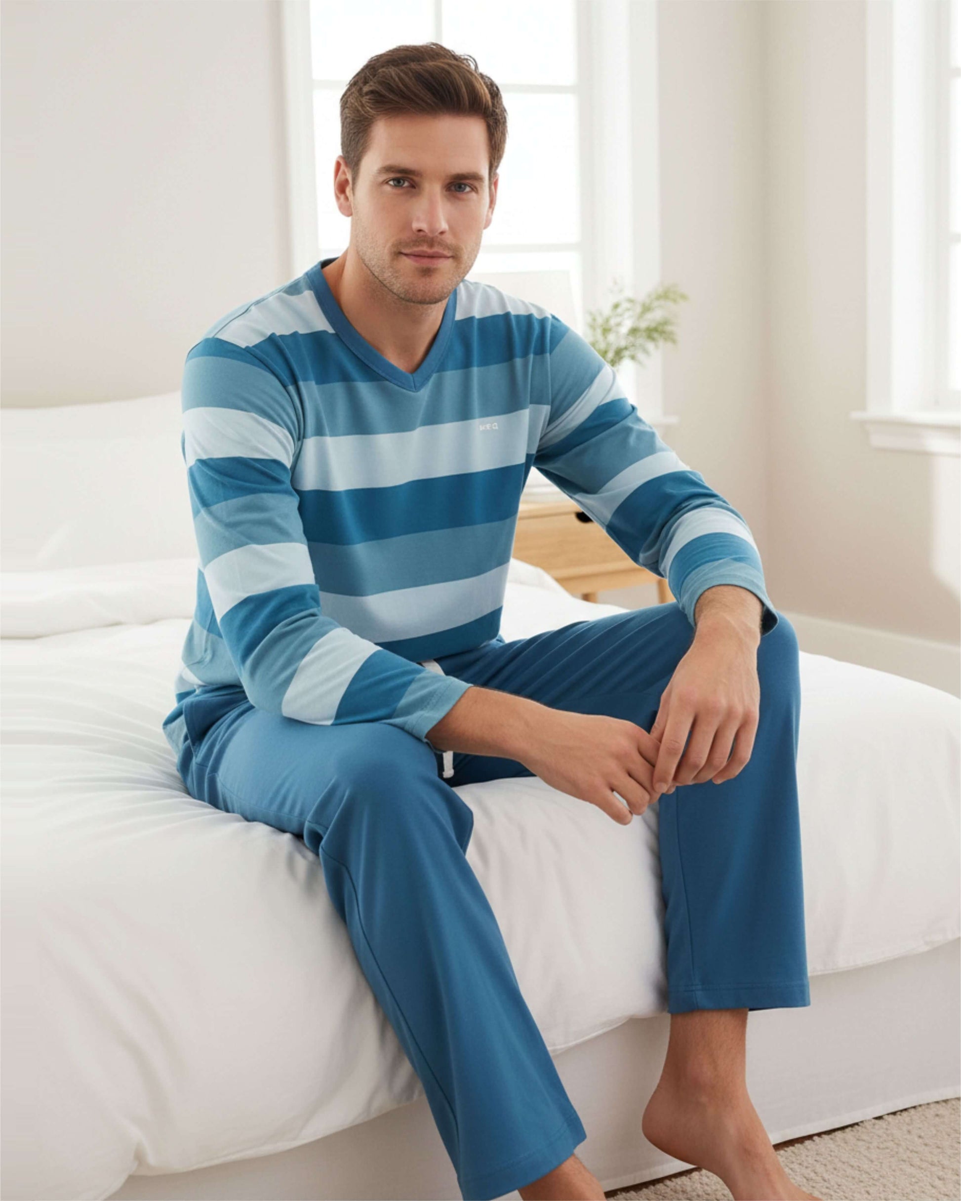 MEQ Heren Pyjama -  Gestreept -  V-hals - Aqua Blauw - achteraanzicht