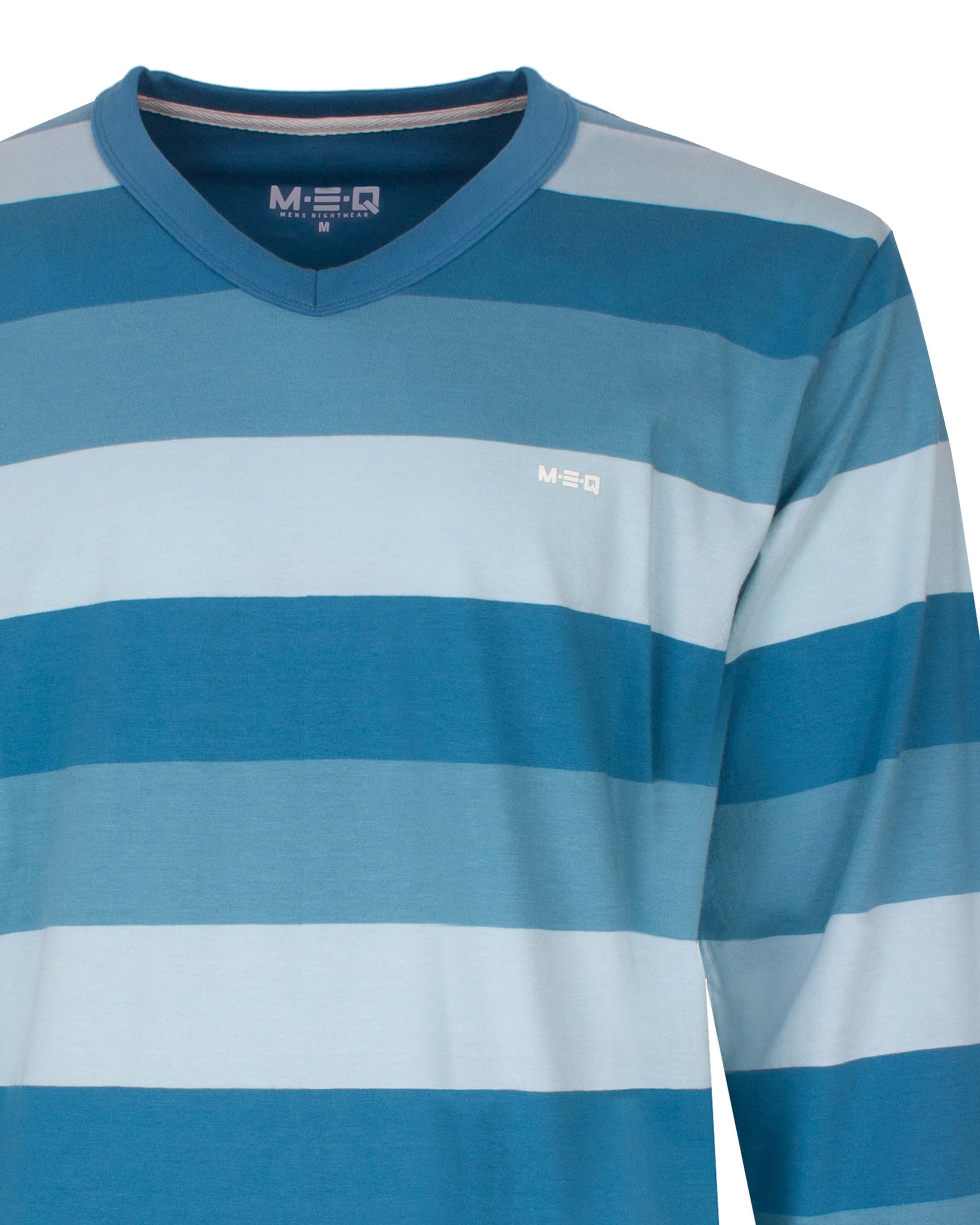 MEQ Heren Pyjama -  Gestreept -  V-hals - Aqua Blauw - detail