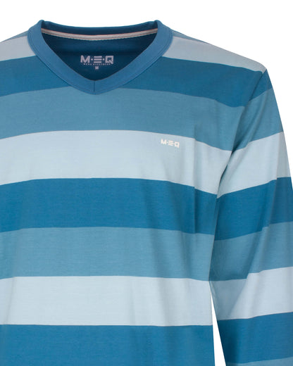 MEQ Heren Pyjama -  Gestreept -  V-hals - Aqua Blauw - detail