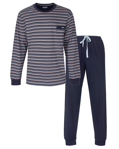MEQ Heren Pyjama -  Gestreept - Ronde Hals - Donker Blauw - vooraanzicht