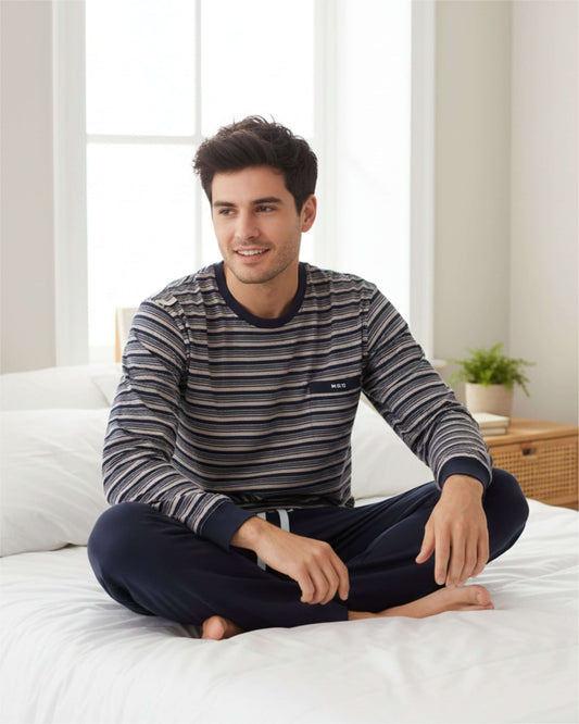 MEQ Heren Pyjama -  Gestreept - Ronde Hals - Donker Blauw - achteraanzicht