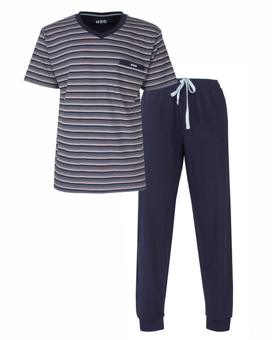 MEQ Heren Pyjama -  Gestreept - Ronde Hals - Korte Mouwen -  Donker Blauw - vooraanzicht