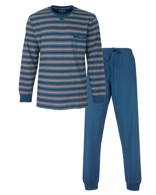 MEQ Heren Pyjama -  Gestreept -  Ronde Hals -  Petrol Blauw - vooraanzicht