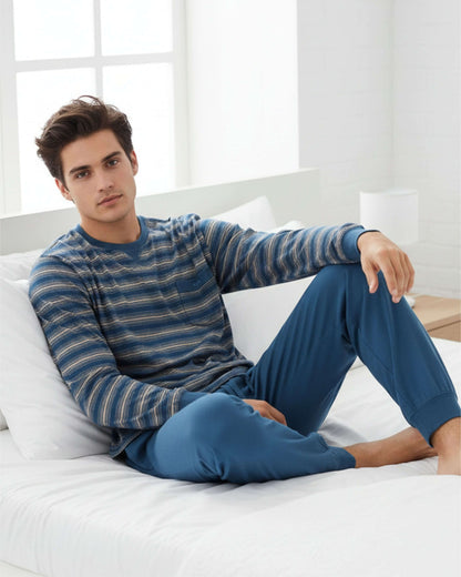 MEQ Heren Pyjama -  Gestreept -  Ronde Hals -  Petrol Blauw - achteraanzicht