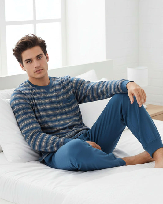 MEQ Heren Pyjama -  Gestreept -  Ronde Hals -  Petrol Blauw - achteraanzicht