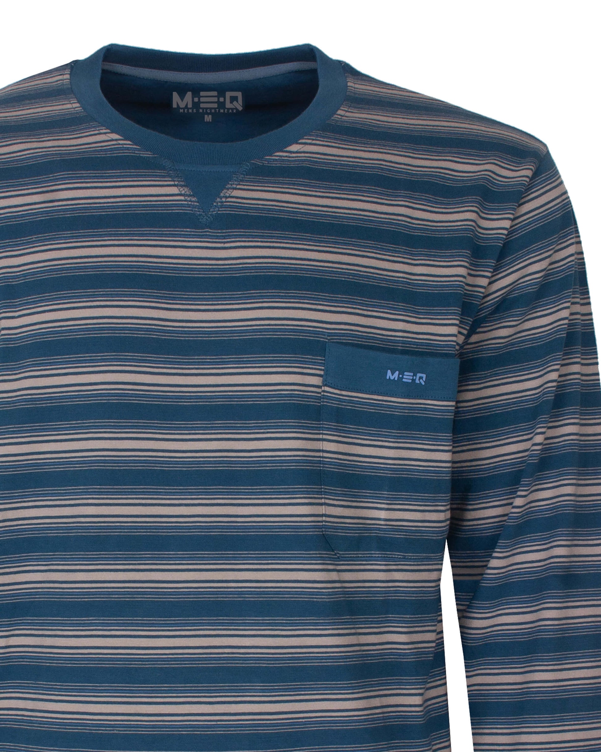 MEQ Heren Pyjama -  Gestreept -  Ronde Hals -  Petrol Blauw - detail