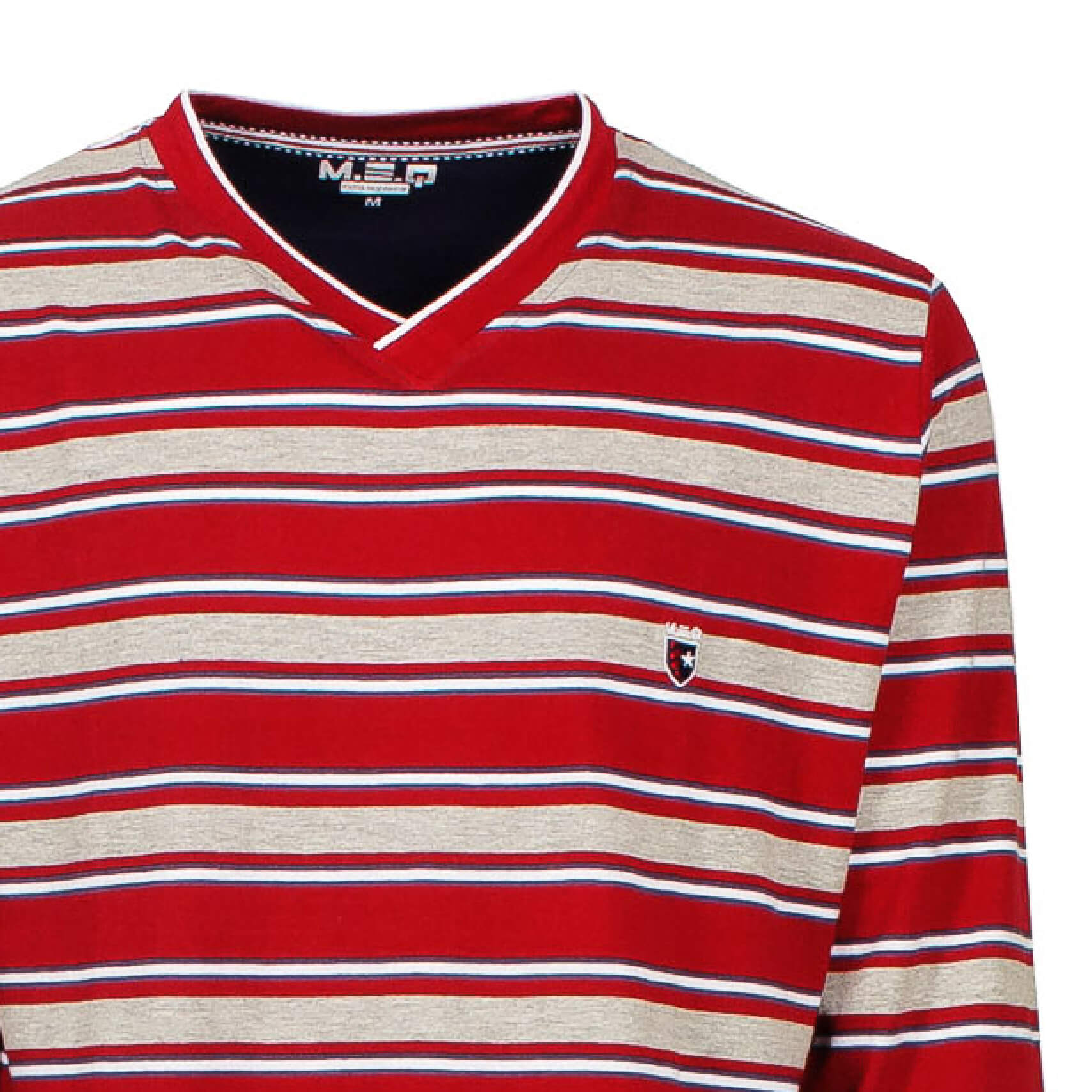MEQ Heren Pyjama- V- Hals Gestreept-Lange mouwen- Rood. - detail