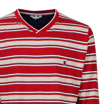 MEQ Heren Pyjama- V- Hals Gestreept-Lange mouwen- Rood. - detail