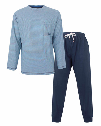 MEQ Heren Pyjama - Lange Mouwen - Gestreept -Licht Blauw - vooraanzicht