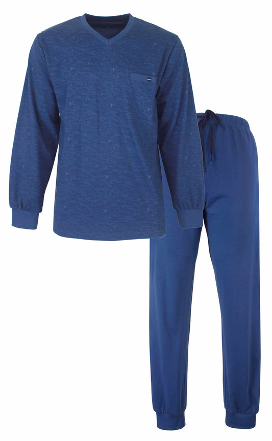 MEQ Heren Pyjama  - V-hals - Lange Mouw -  Blauw - vooraanzicht