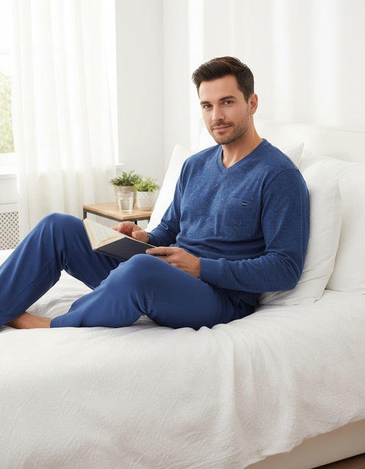 MEQ Heren Pyjama  - V-hals - Lange Mouw -  Blauw - achteraanzicht