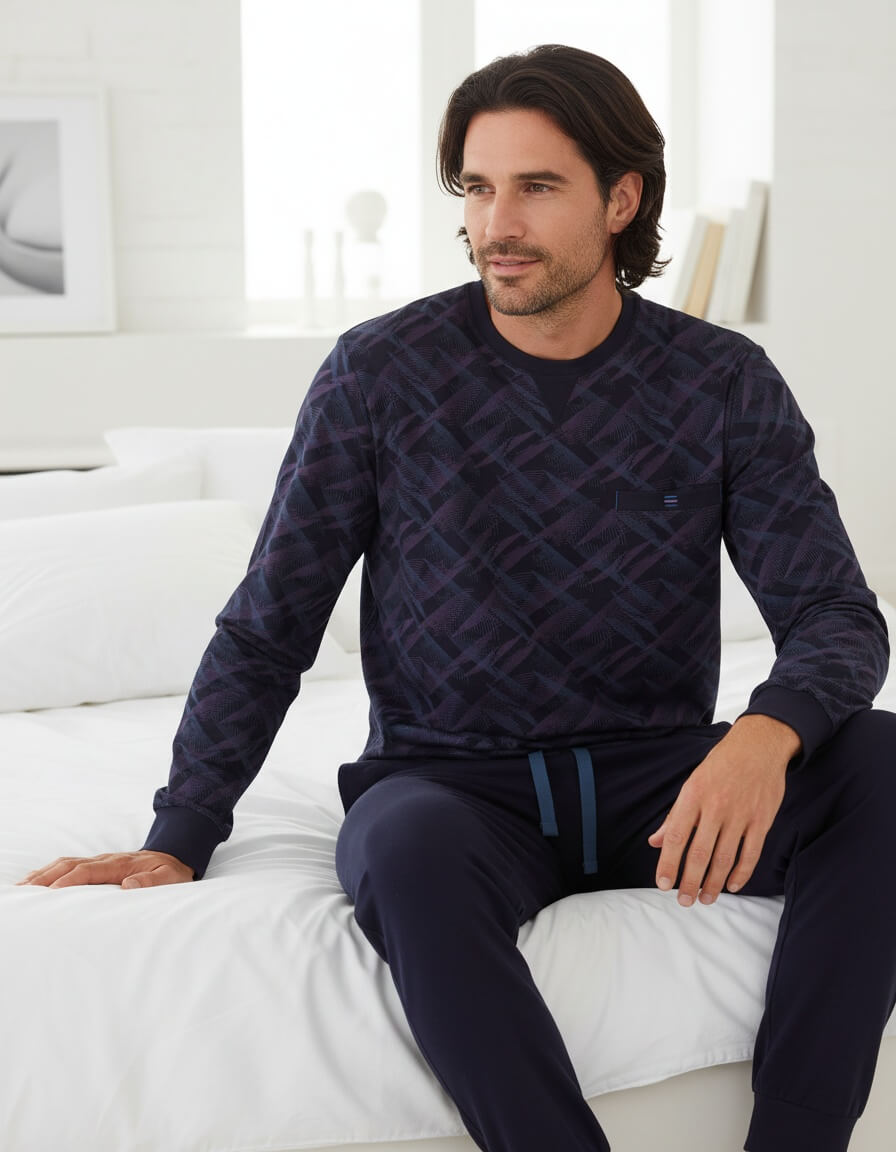  MEQ Heren Pyjama -  Ronde Hals -  Lange Mouw -  Blauw - achteraanzicht