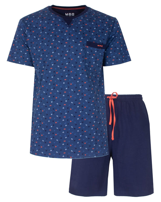 MEQ Heren Shortama -  Geprint Dessin -  Ronde Hals  Blauw - vooraanzicht