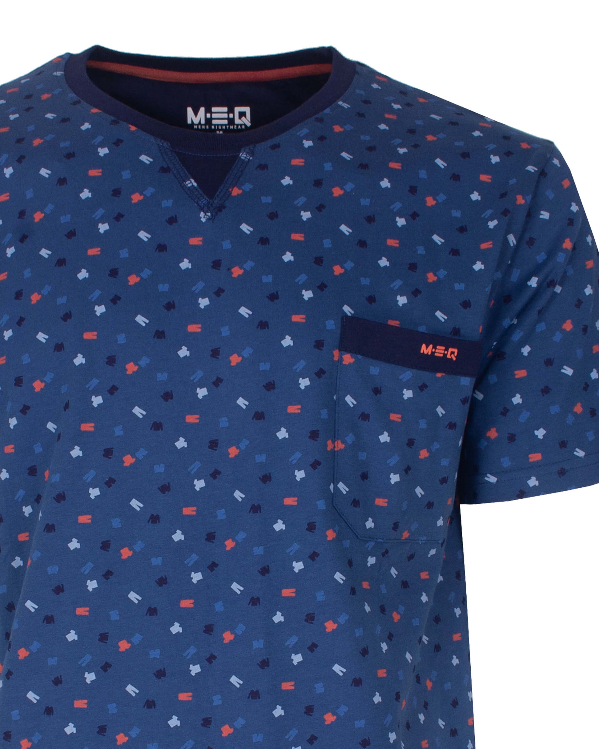 MEQ Heren Shortama -  Geprint Dessin -  Ronde Hals  Blauw - detail