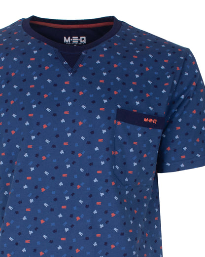 MEQ Heren Shortama -  Geprint Dessin -  Ronde Hals  Blauw - detail