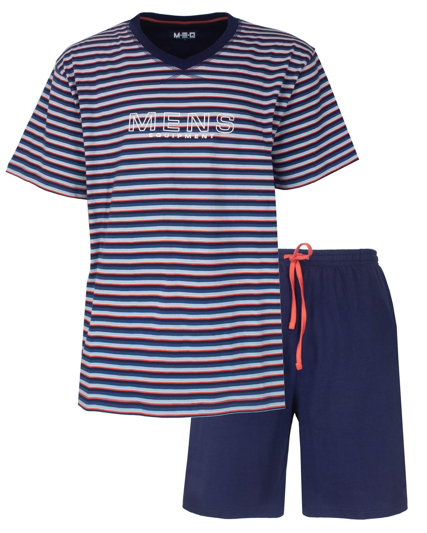 MEQ Heren Shortama Gestreept V-hals - Korte Mouwen -  Blauw - vooraanzicht