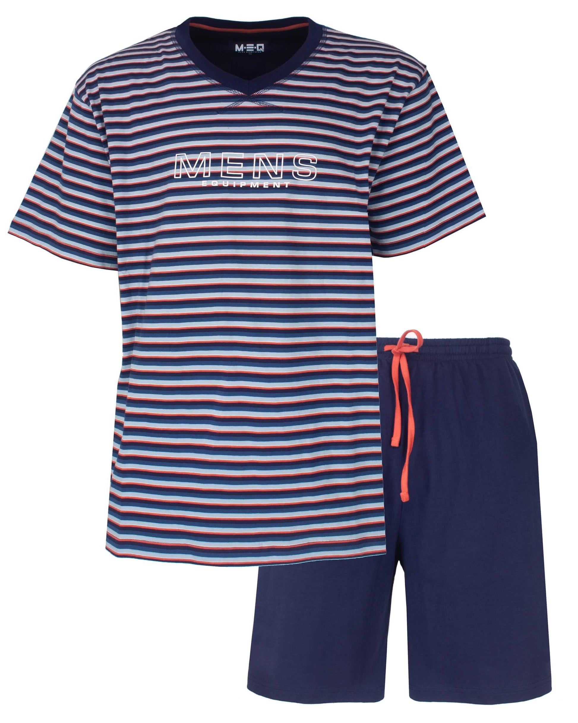 MEQ Heren Shortama Gestreept V-hals - Korte Mouwen -  Blauw - vooraanzicht