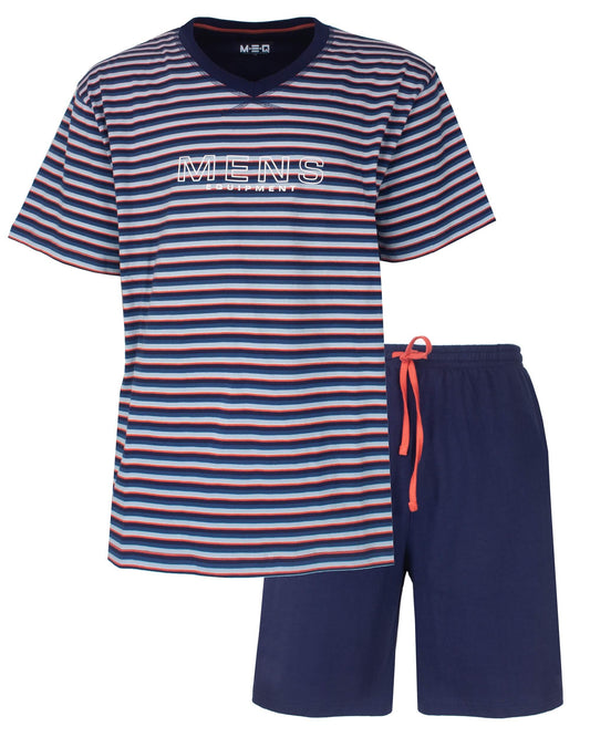 MEQ Heren Shortama Gestreept V-hals - Korte Mouwen -  Blauw - vooraanzicht