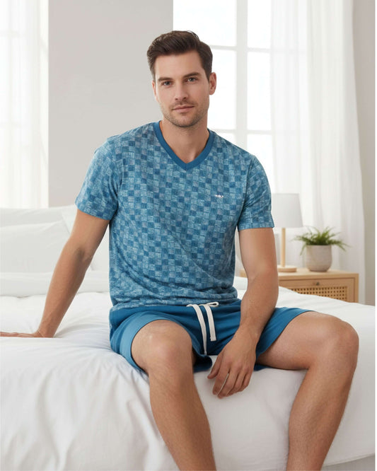 MEQ Heren Shortama -  V-hals - Korte Mouwen -  Aqua Blauw - achteraanzicht