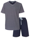 MEQ Heren Shortama -  Gestreept -  V-hals - Donker Blauw