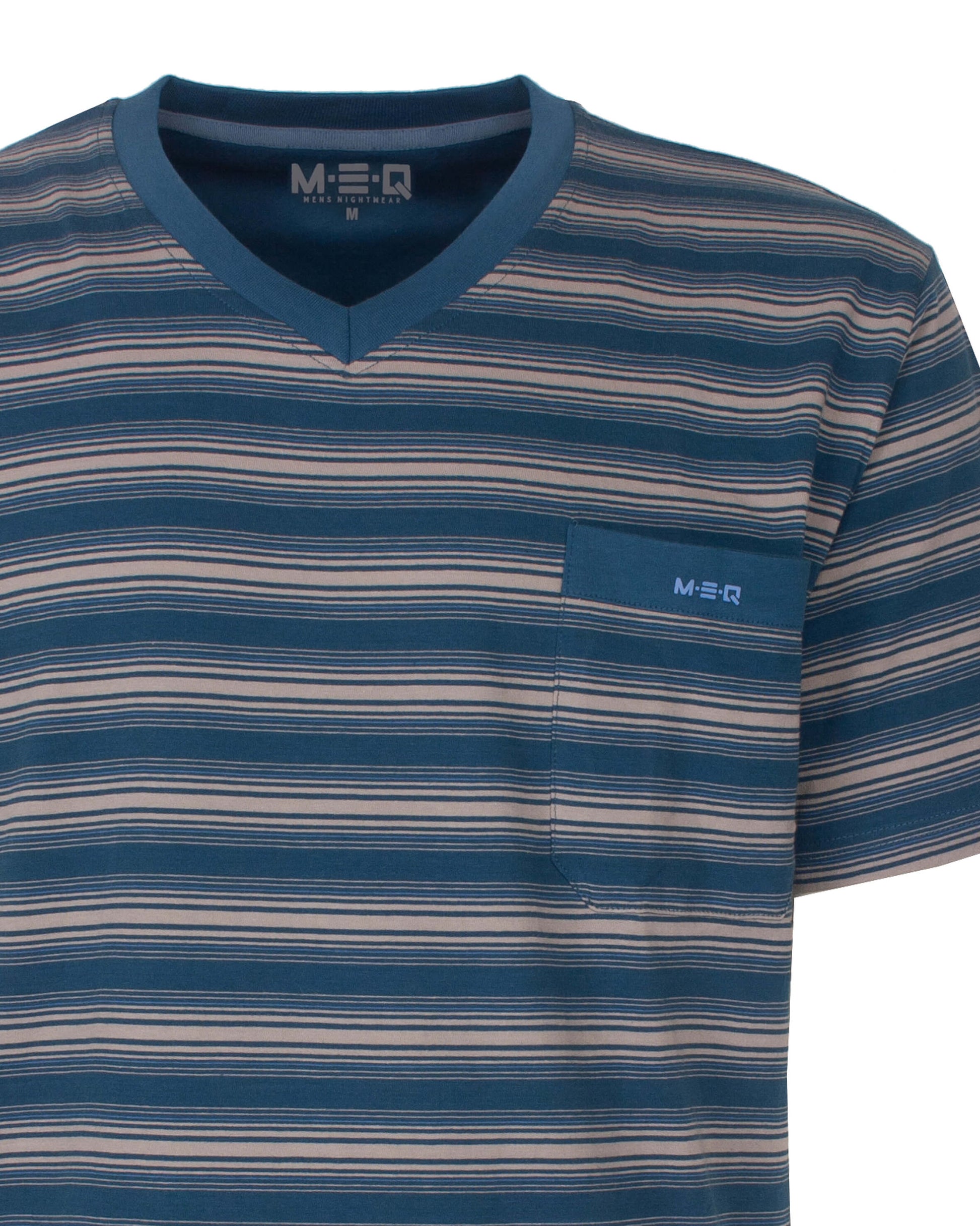 MEQ Heren Shortama -  Gestreept -  V-hals -  Petrol Blauw - detail
