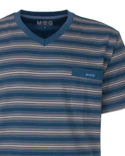 MEQ Heren Shortama -  Gestreept -  V-hals -  Petrol Blauw - detail