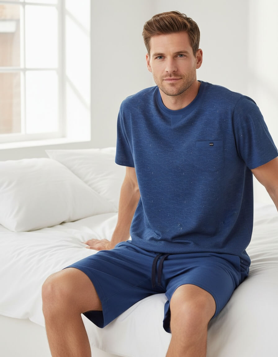 MEQ Heren Shortama - Korte Mouwen - Blauw - achteraanzicht